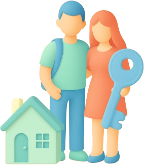 Young couple holding a key next to their new house